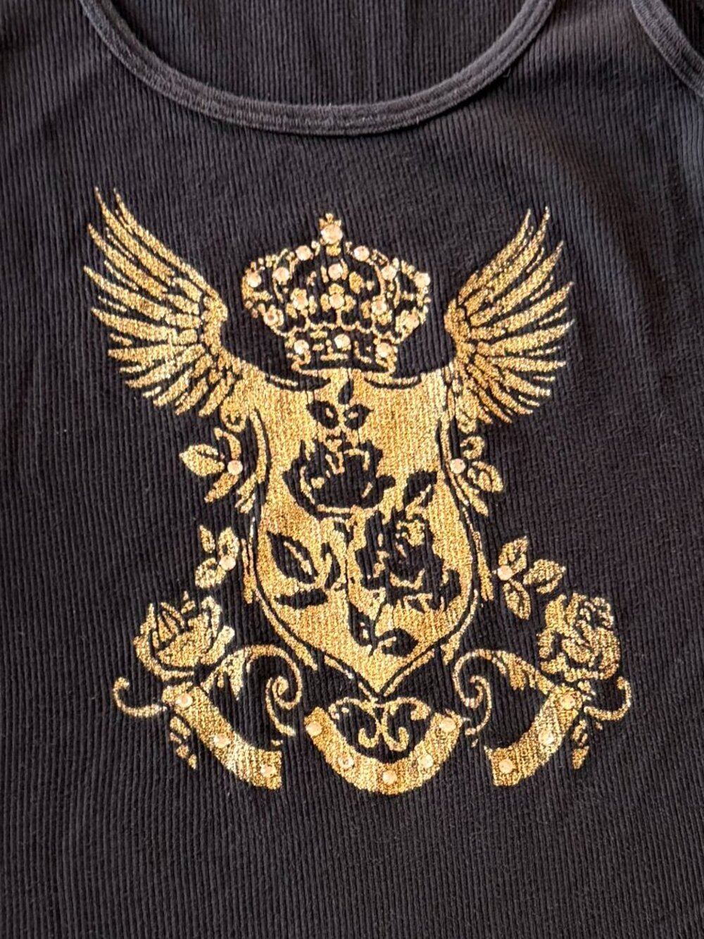 Yvette Mandell black long tank top with gold griffin / shield - Picture 3 of 6